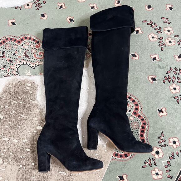 Tila March | Suede Leather Black Knee High Block Heel Tall Designer Boots 38 7.5 - Picture 5 of 11